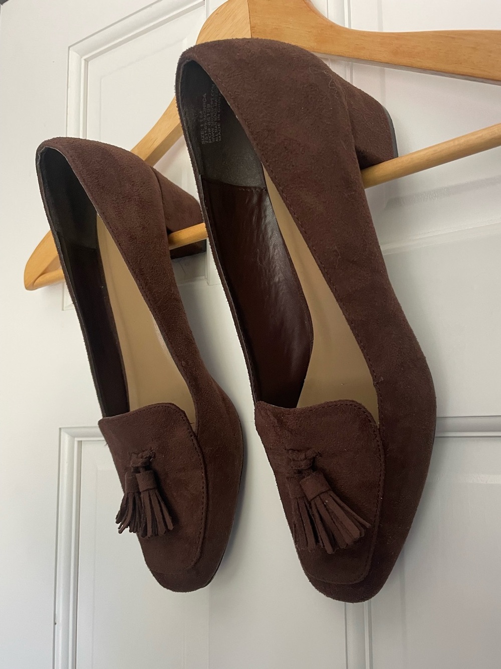 Chocolate brown suede chunky heeled loafers with tassels